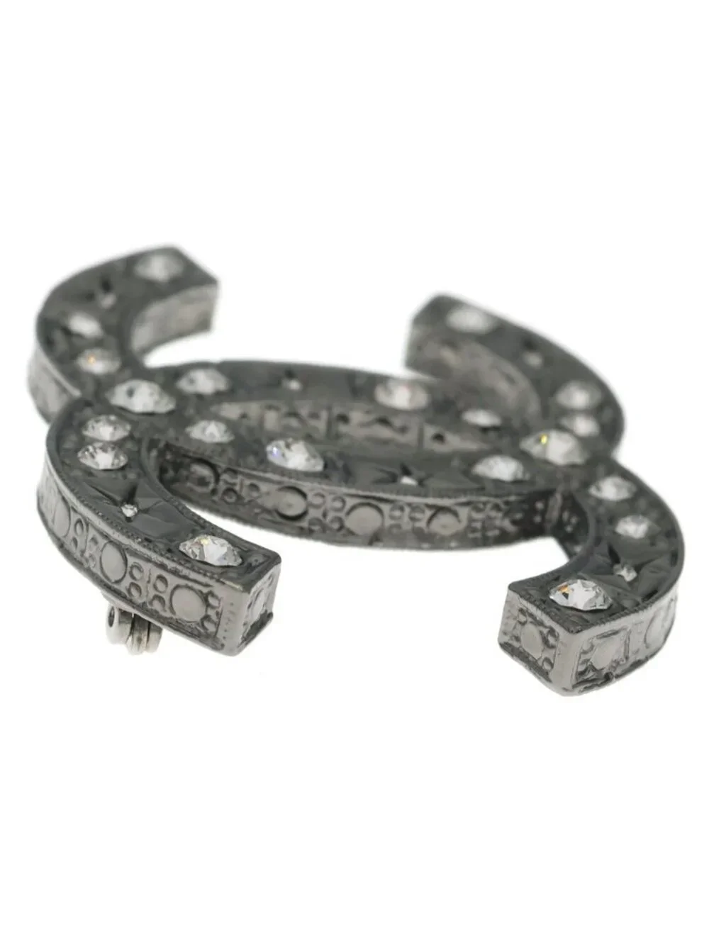 Chanel CC Logo Rhinestone Brooch Pin Badge Silver